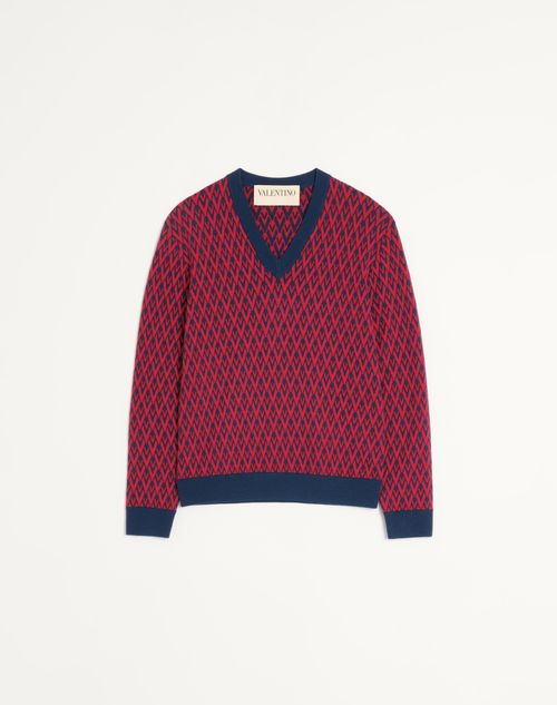 Valentino - トゥッタラ V ジャカードパターン ウール ニットプル - ネイビー/レッド - メンズ - ニット